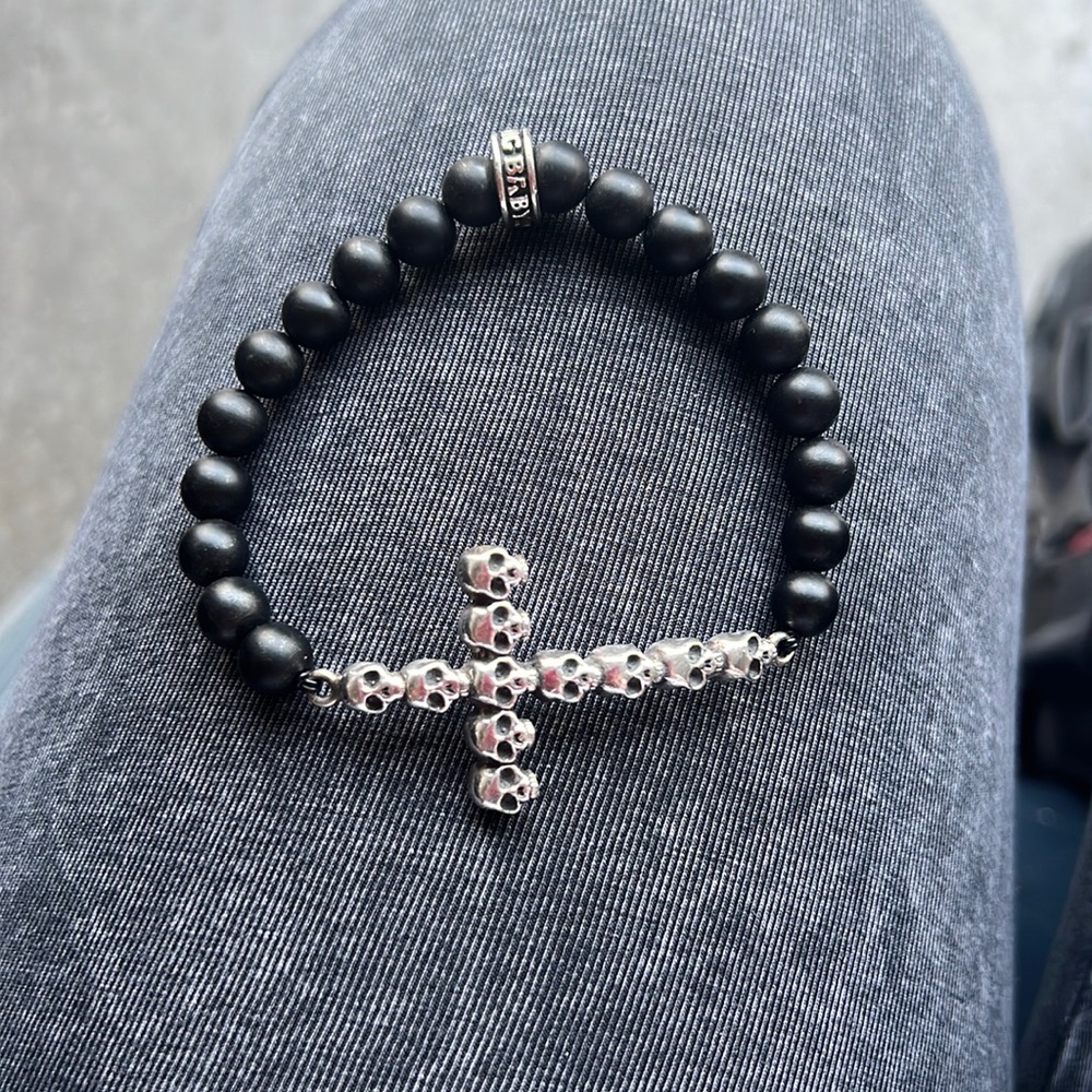 King baby black onyx skull cross bracelet
